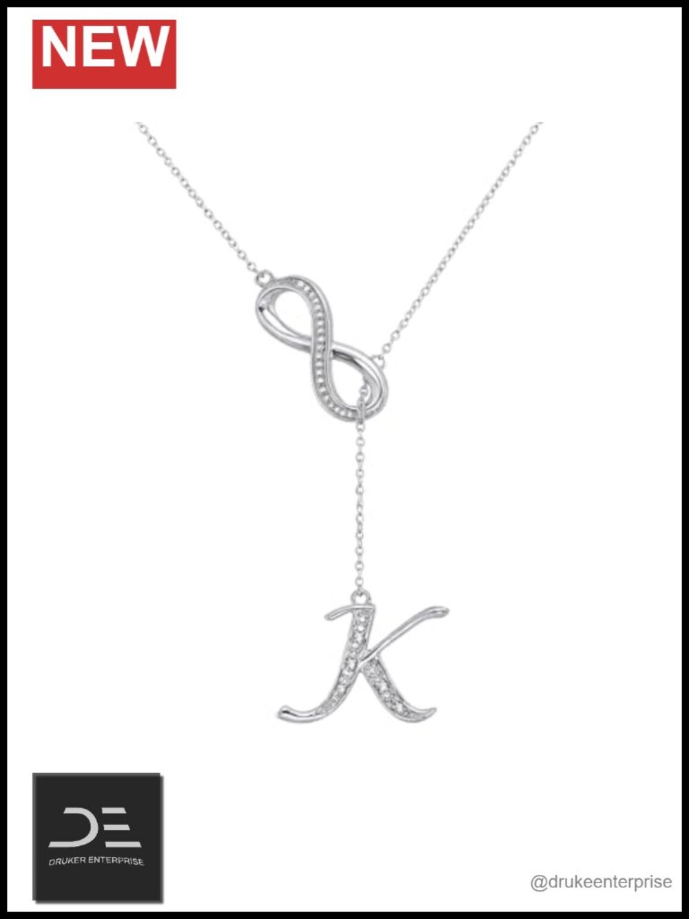 Sterling Silver Diamond Infinity Lariat Necklace with Letter Pendant 925